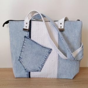 Sac à anses jean clair et tissu blanc