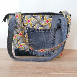 Sac à anses jean gris tissu wax noir jaune rouge